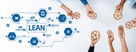 This image showcases a collaborative approach to lean methodology, emphasizing production efficiency and waste reduction through employee engagement and innovative solutions.の写真素材