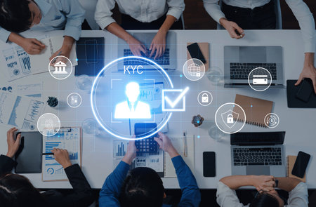 A group of professionals collaborates on KYC processes, utilizing high-tech devices and discussing...