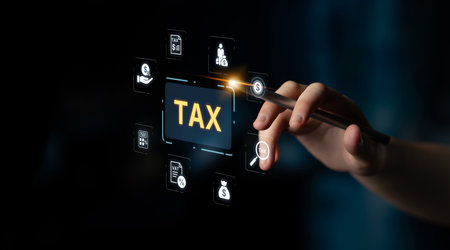 Concept of tax preparation and financial compliance. Filing official tax documents and forms for government reporting, auditing, and financial accounting purposes.の写真素材