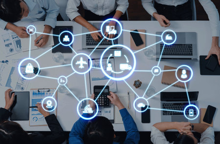 Icons illustrate delivery, supply chain, warehouse, and shipping. They connect global trade, optimize transport, and support inventory tracking.の写真素材