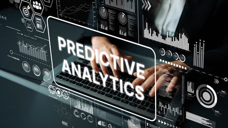 Hands Typing on Laptop with Overlayed Digital Graphics Representing Predictive Analytics and Data Visualization Concepts. Asymptotic smart data analytic.の写真素材