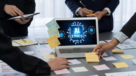 AI ethics responsibility standard law and rules on computer screen provide report of AI ethic transparency preventing technology crime. briskの写真素材