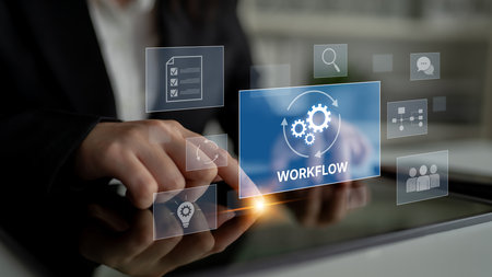 Workflow optimization concept featuring interconnected gears, task management, collaboration, process mapping, review, and automation for business productivity and efficiencyの写真素材