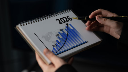 Person analyzing a business growth forecast in a modern office with a detailed graph, showing trends...