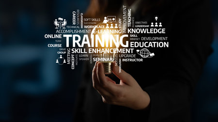 A concept image representing professional training and skill enhancement, featuring keywords that illustrate education, growth, and achievement. Tesselの写真素材