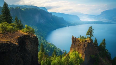 Mesmerizing view of a calm lake surrounded by majestic mountains and lush greenery. Experience the tranquility and beauty of nature in this breathtaking landscape.の素材
