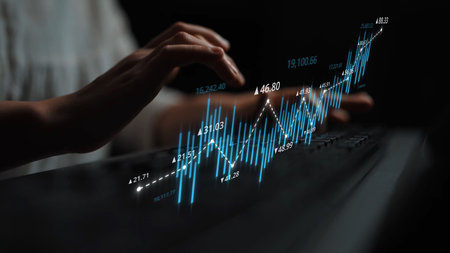 Stock market analysis with candlestick chart and price movement trend line, highlighting global financial trends, stock trading, and investment strategy insights.の写真素材