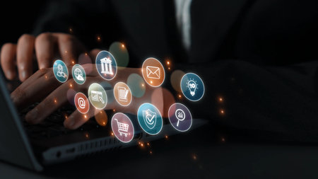 Set of business and digital service icons representing finance, cloud, analytics, email, communication, ecommerce, cybersecurity, and global connectivity in a modern ecosystem Marrowの写真素材