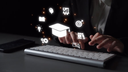 Online education boosts access to learning. Learn anytime through flexible platforms. Education technology transforms how we learn. Digital learning creates new education experiences worldwide.の写真素材