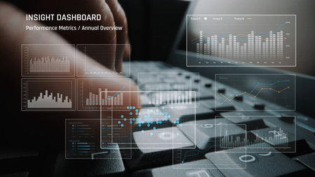 Business data analysis dashboard showing charts, statistics, and performance metrics for decision-making, revenue tracking, and strategic planning in organizationsの写真素材