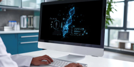 Medical science technology and futuristic healthcare virtual computer software analyze human health and diagnose disease for doctor data and medical research. briskの素材