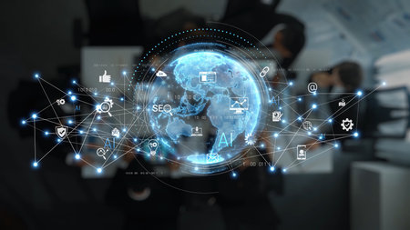 A stunning visual of a global network combining technology and communication elements, showcasing digital icons that represent the interconnected world of business. Rasterの写真素材