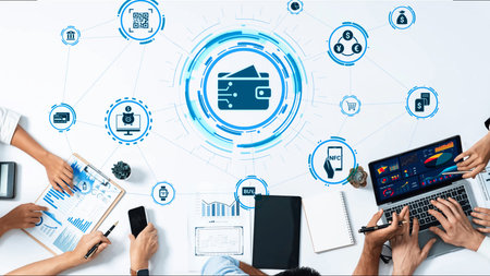 Digital wallet icons show mobile payment, digital wallet transfer, and online banking. Digital...