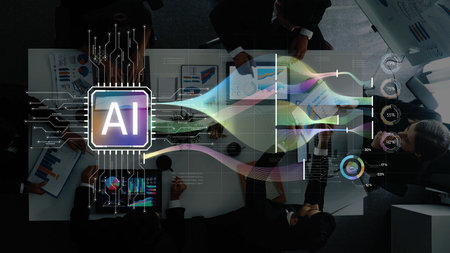 A dynamic business meeting illustrates the integration of artificial intelligence technology with modern data analytics, enhancing decision-making and collaboration. Rasterの写真素材
