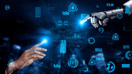 A human hand reaches out to a robotic hand under a backdrop of digital data visualization, symbolizing the dynamic collaboration between humans and artificial intelligence in technology.の写真素材