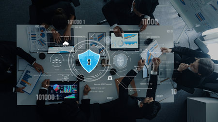A top view of a professional business meeting focusing on cybersecurity analytics with digital lock...