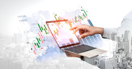 A professional using a laptop to analyze financial data, surrounded by dynamic charts and graphs,...