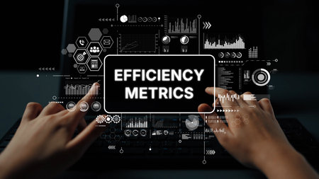 Hands on Laptop Analyzing Efficiency Metrics through Digital Data Visualization and Graphs for Business Insights. Asymptotic smart data analytic.の写真素材