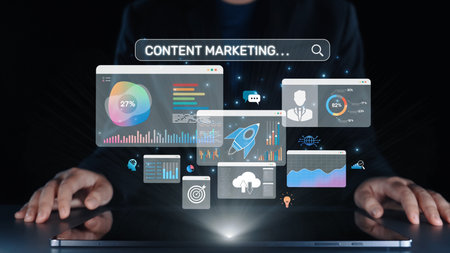 Content marketing interface with data dashboards, analytics charts, and content tools. Marketing success comes from content performance, content planning, and marketing optimization. Elideの写真素材