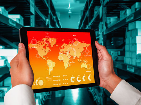 Warehouse management innovative software in computer for real time monitoring of goods package...