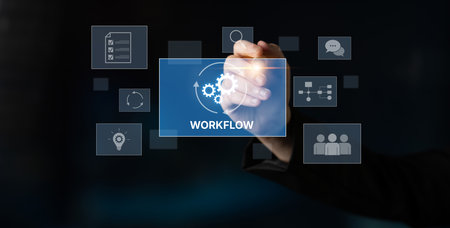 Workflow optimization concept featuring interconnected gears, task management, collaboration, process mapping, review, and automation for business productivity and efficiencyの写真素材