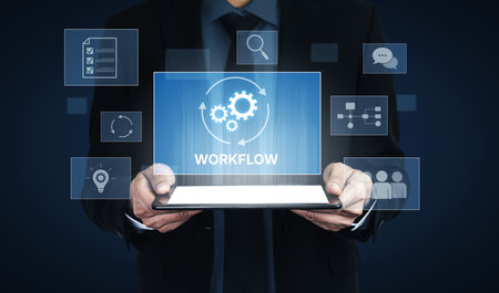 Workflow optimization concept featuring interconnected gears, task management, collaboration,...
