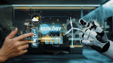 This image depicts a seamless interaction between a human and a robotic hand, showcasing modern technology related to ecology and renewable energy in an advanced setting.の写真素材