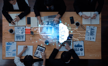 Concept of artificial intelligence and machine learning. A central processor transfers information...