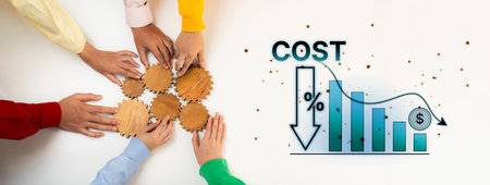 Diverse hands work together to represent collaboration in cost reduction. An accompanying graph and currency symbol enhance the focus on financial strategies in business.の写真素材