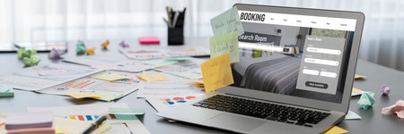 Sticky note for creative and analytic brainstorm for business idea with data dashboard on laptop...