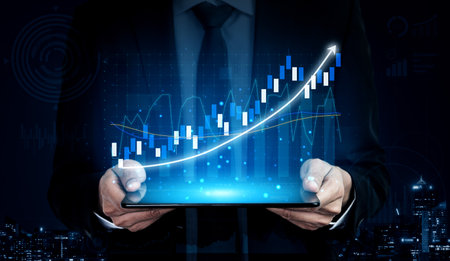 A businessman in a suit holds a tablet displaying a vibrant digital graph representing financial...