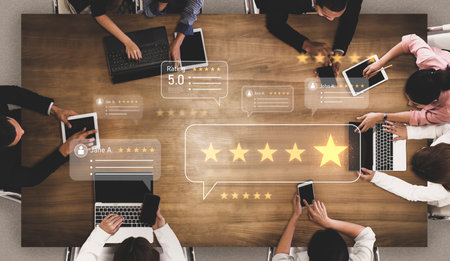 Customer centric review and rating system supports product review, digital rating concept, and customer give good trust by visualizing people choice through stars and feedback content technology Vouchの写真素材