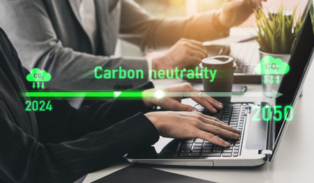 Carbon neutrality timeline illustrates carbon, neutrality, and reduction targets from 2024 to 2050 to support global sustainability and green initiativesの写真素材