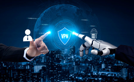 AI improves VPN by monitoring traffic, detecting risks, encrypting sessions, and optimizing routing to ensure private, secure, and efficient network access.の写真素材