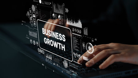 Business Growth Strategy Visualization with Technology and Data Analytics on a Laptop Screen. Asymptotic smart data analytic.の写真素材