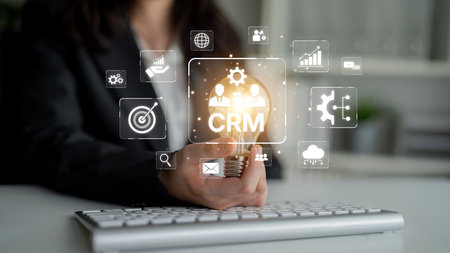 CRM platforms improve customer relationships through data analysis, CRM communication tools, and automation. CRM systems support customer management, tracking, and CRM relationship success.の写真素材
