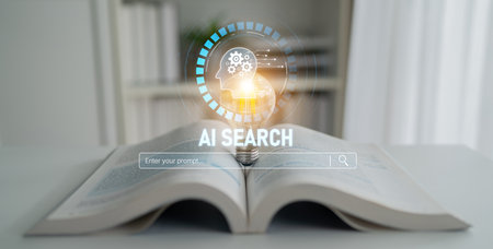 AI search engine systems enhance SEO data access. Intelligent search engines powered by AI improve search results. AI-driven search tools help process and retrieve relevant AI information.の写真素材
