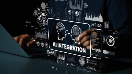 Conceptual representation of AI integration in technology with digital graphics and statistics displaying data analysis for innovations. Asymptotic smart data analytic.の写真素材