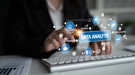 A professional dressed in a business suit interacts with a digital data analytics interface,...