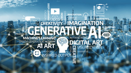 This image illustrates concepts of generative AI in digital art, emphasizing creativity, innovative techniques, and visualization methods for enhanced artistic expression. Tesselの写真素材