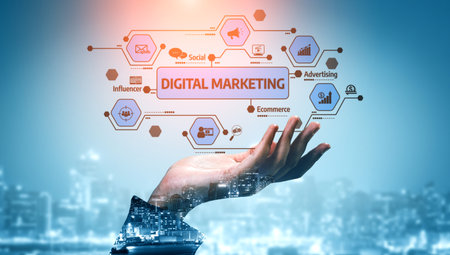 A conceptual image representing digital marketing strategies, showcasing a hand reaching out to various innovative marketing elements against a urban city backdrop. Tesselの写真素材