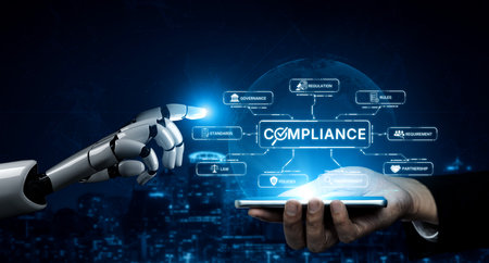 AI ensures compliance with automated policy checks, smart regulation systems, and intelligent auditing to protect organizations and improve transparency. Artificial intelligence splineの写真素材