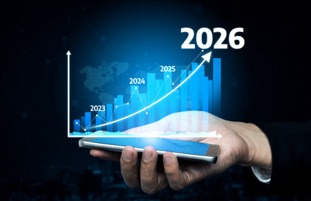 A hand holding a smartphone displays a futuristic growth chart projecting business progress from...