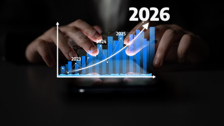 Hands interact with a digital screen showing a bar chart depicting business growth and future...