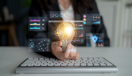 An Artificial Intelligence platform for business intelligence. The dashboard shows advanced data analytics, predictive modeling, and security monitoring through various visualizations.の写真素材