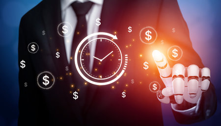 An AI assistant manages financial planning with the time is money concept. This smart system optimizes investment timelines and business productivity to maximize wealth.の写真素材