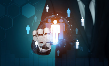 An AI assistant helps manage a global team and its professional network. The system analyzes connections and communication to measure worldwide influence and reach.の写真素材