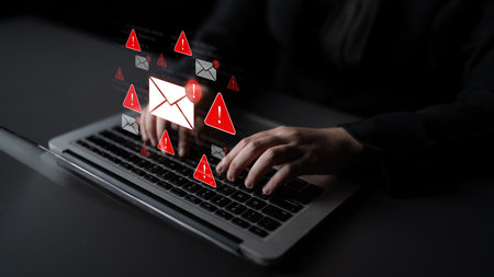 Concept of a cybersecurity warning for unsafe email communication. This alert signifies a phishing...