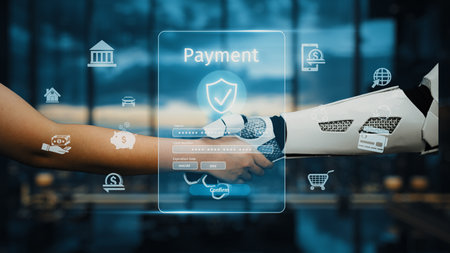 A futuristic representation of a digital payment process showcasing a robot and human handshake symbolizing trust, security, and innovation in online transactions.の写真素材
