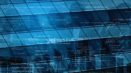A captivating blend of reflective glass surfaces and programming code elements depicts the essence of modern technology and digital innovation in an urban setting.の写真素材